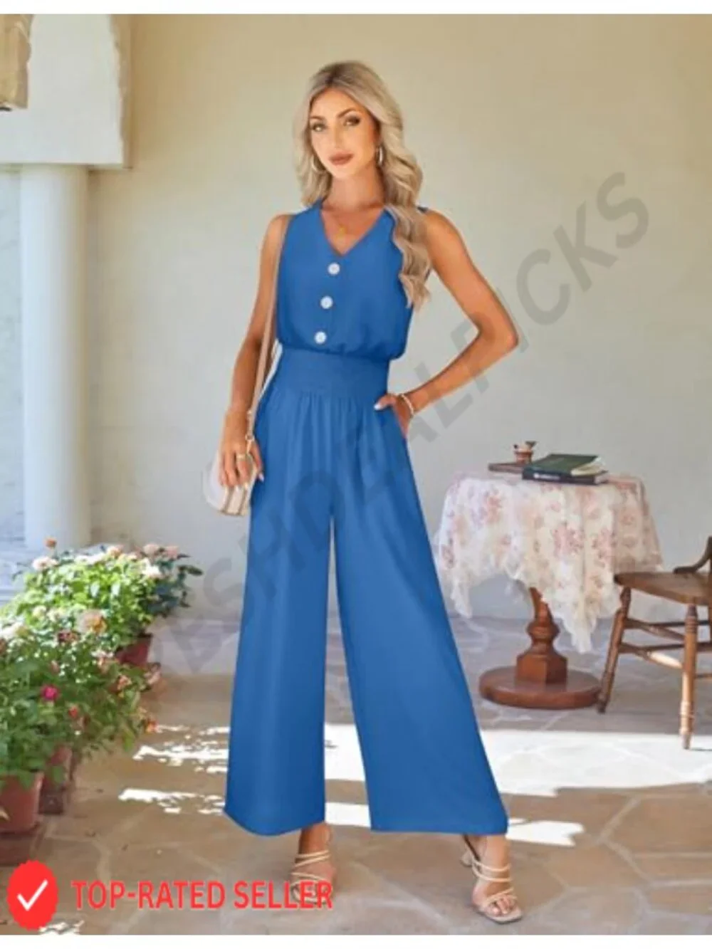 Dressy Casual Sleeveless Wide Leg Jumpsuit with Pockets, Smocked Waist